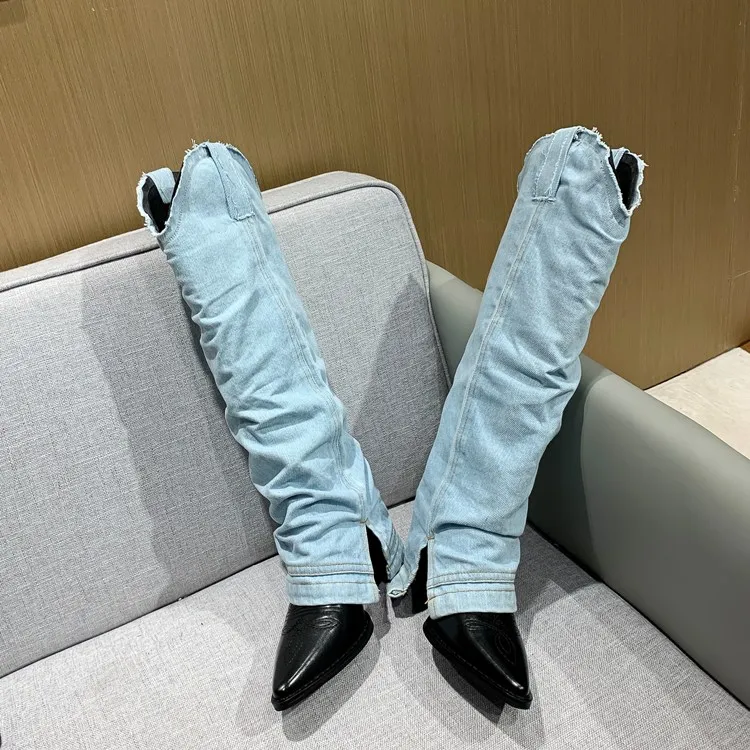 Western Hot Denim Cloth Foldover Boots Woman Cow Leather Patcwork Knee Boots Chunky Heel Pointed Toe Boots Slip On Knight Boots