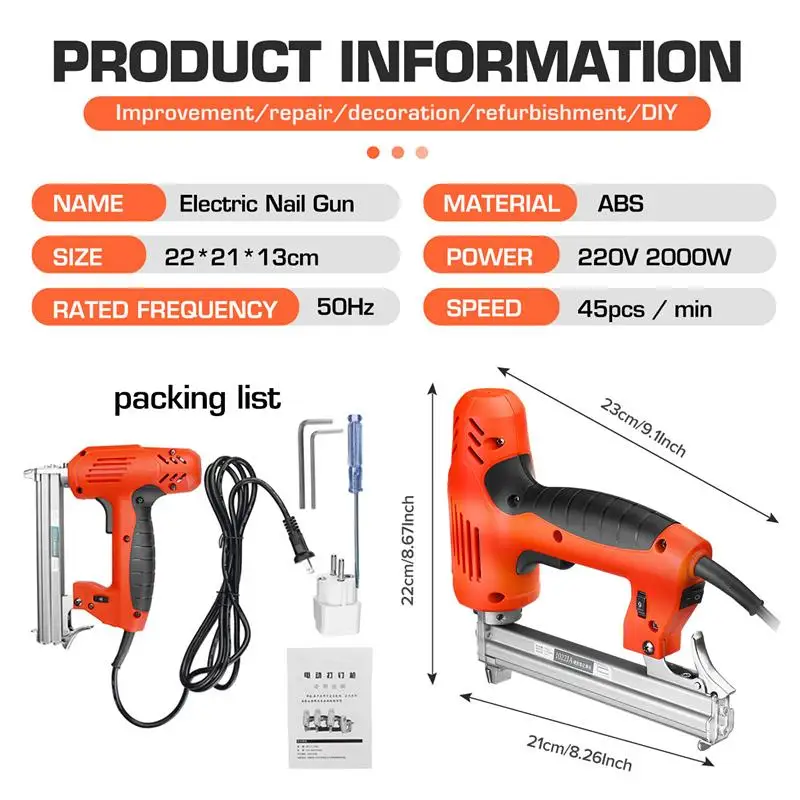 

2000W 220V Electric Nail Gun Nailer Stapler Multifunction Woodworking Electric Framing Tacker Furniture Staple Gun Power Tools