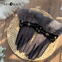 myalice fashion rhinestone pearl bow ring type women glove black stripe woolen cloth cashmere winter warm hand comfortable