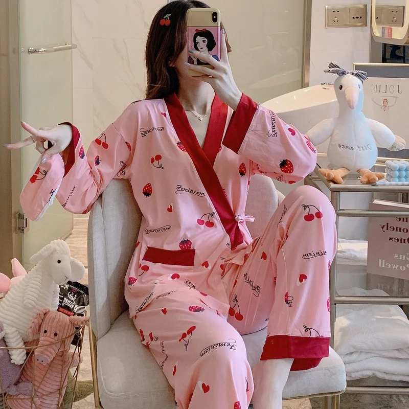 

2020 Autumn Long Sleeve Kimono Pajama Sets for Women Sleepwear Suit Pyjamas Femme Homewear Pijama Mujer Loungewear Home Clothes