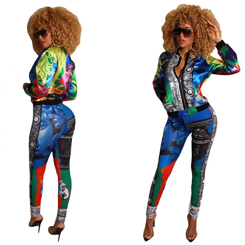 Yooneedi 2019 Novelty Fashion Design 2pcs Women Set Color Print O-neck Zip Full Sleeve Tops Long Pants Tracksuits YC1952 | Женская