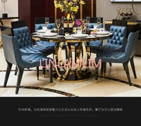 designer unique new stainless steel golden dining room set with marble table and 6 leather chairs mesa de jantar muebles comedor