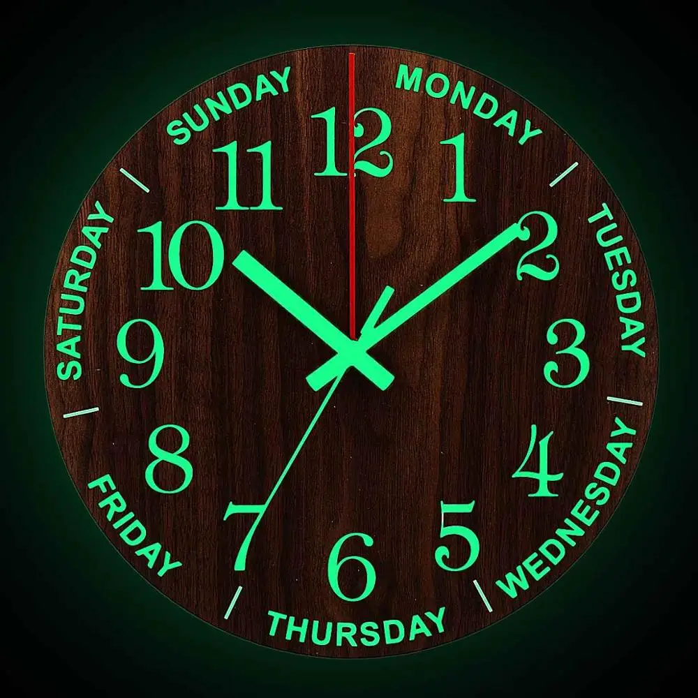 Luminous Clock 12 дюймов Светящиеся Настенные часы Деревянный тихий свет в темную ночь скандинавские модные настенные часы не тикающие часы с ночным светильник подарок - Цвет: Luminous Clock
