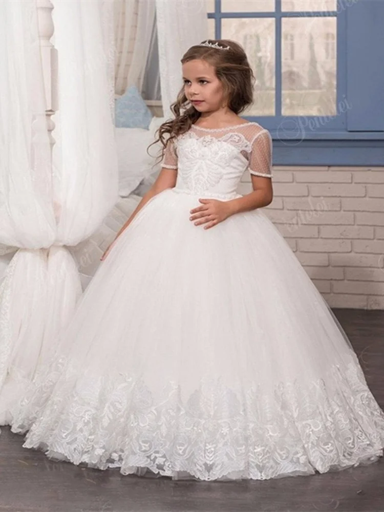 

Платья для девочек с цветочным рисунком, свадебное платье с коротким рукавом, украшенное бусинами, для первого причастия, детское платье на день рождения