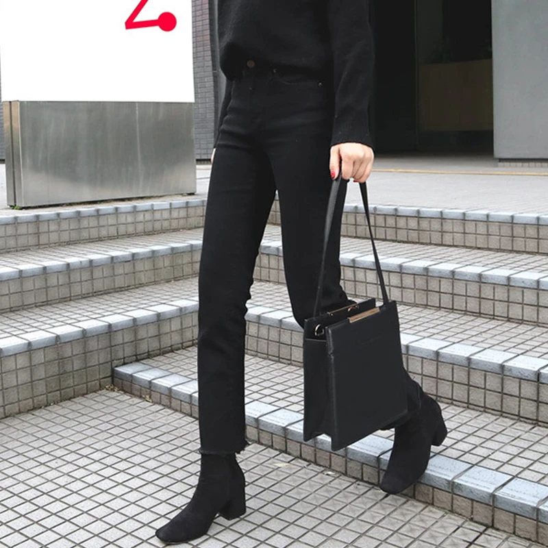 FINEWORDS брюки скинни с завышенной талией черные джинсы для женщин в Корейском стиле