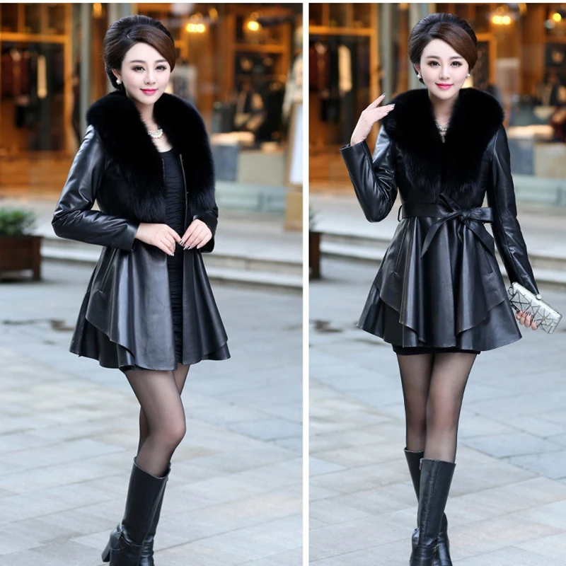 Женское кожаное пальто с воротником из искусственного лисьего меха модная