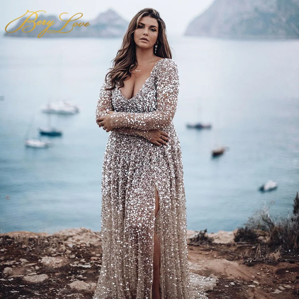 

Berylove Glitter Wedding Dress Long Sleeve Side Slit Beach Dress Sequin Sexy V Neck Shiny Wedding Gown Transparent Bridal Dress