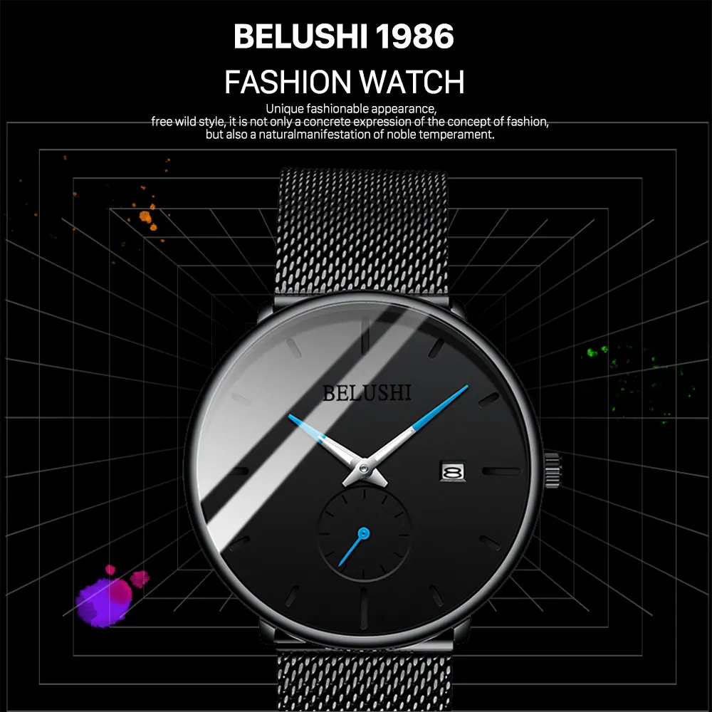 Belushi Man Watch 2019 Luxury Brand Stainless Steel Quartz Men Waterproof Black Date Ultra Thin Watches For Relogio | Наручные часы