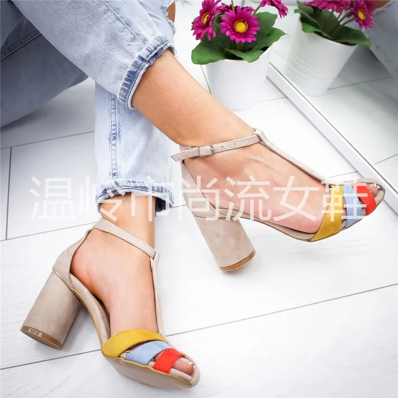 

20 new color matching buckle large size women's shoes high heel sandals 43
