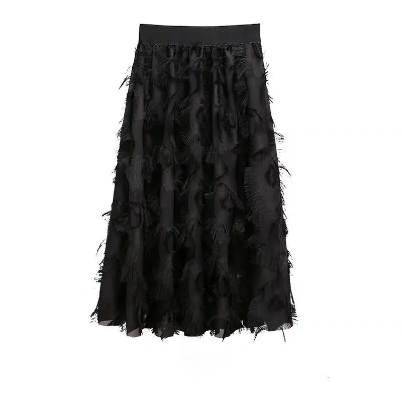 

Skirt Fashion Summer Women's Skirt New Women's Elastic Waist Feather Tassel Wild A-line Skirt White Black Pink Chiffon Ball Gown