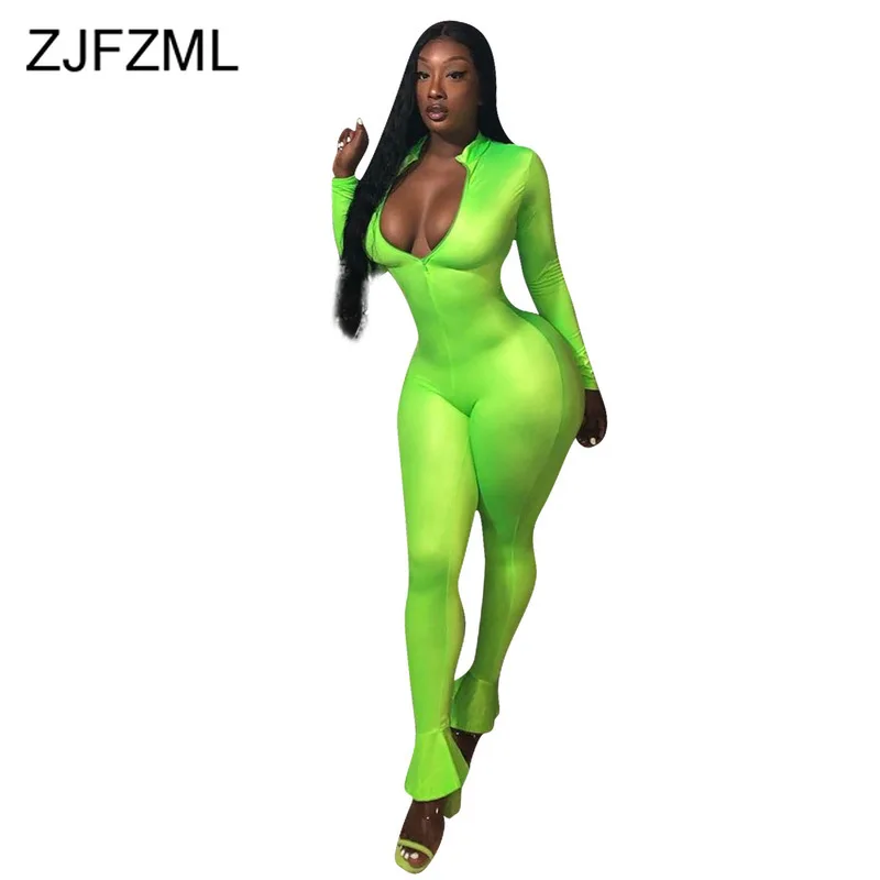 Женский однотонный неоновый комбинезон на молнии спереди с воротником стойкой и