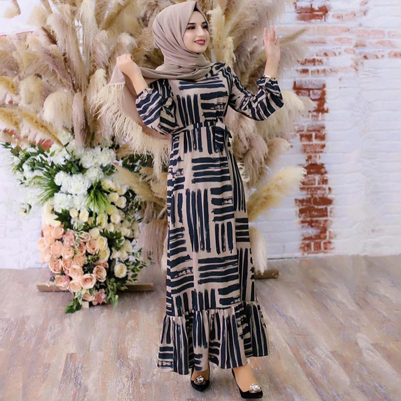 

Платье Abayas женское повседневное с принтом, модное мусульманское длинное приталенное, с расклешенными рукавами