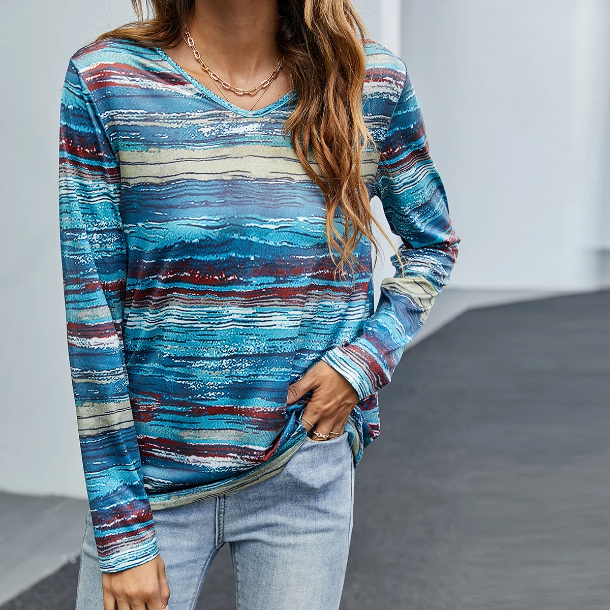 Женская Винтажная футболка с длинным рукавом, синяя полосатая блузка в Корейском стиле, в стиле Харадзюку, осень 2021