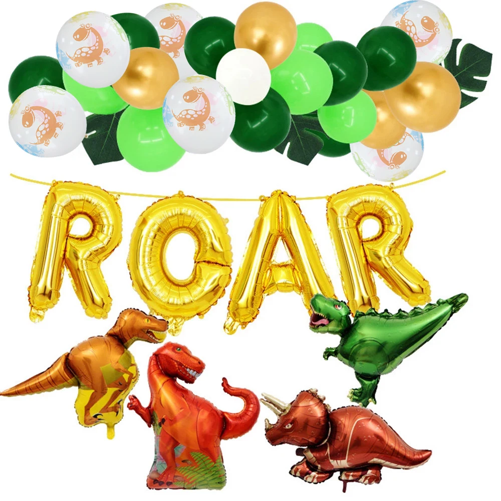 

Dinosaur Party Decorations Gold ROAR Dinosaur Foil Balloons with White Green Gold Latex Balloons Dino Jungle Jurassic Dinosaur