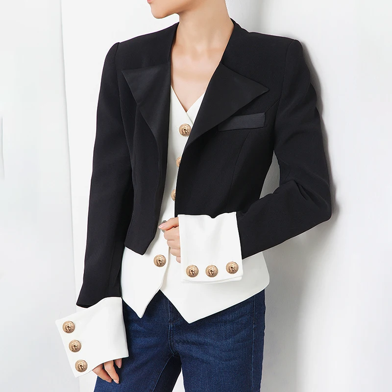 TWOTWINSTYLE Patchwork Hit Color Women's Coat V Neck Long Sleeve Single Breasted Korean Women's Autumn Jackets Fashion New