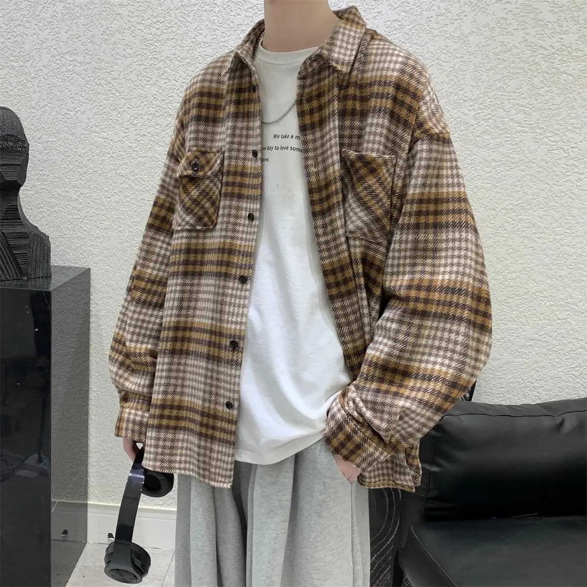 

2021 Simple Retro Check Jacket Tide Boy Japanese Street Autumn And Winter Wild Plaid Jacket Thick Shirt