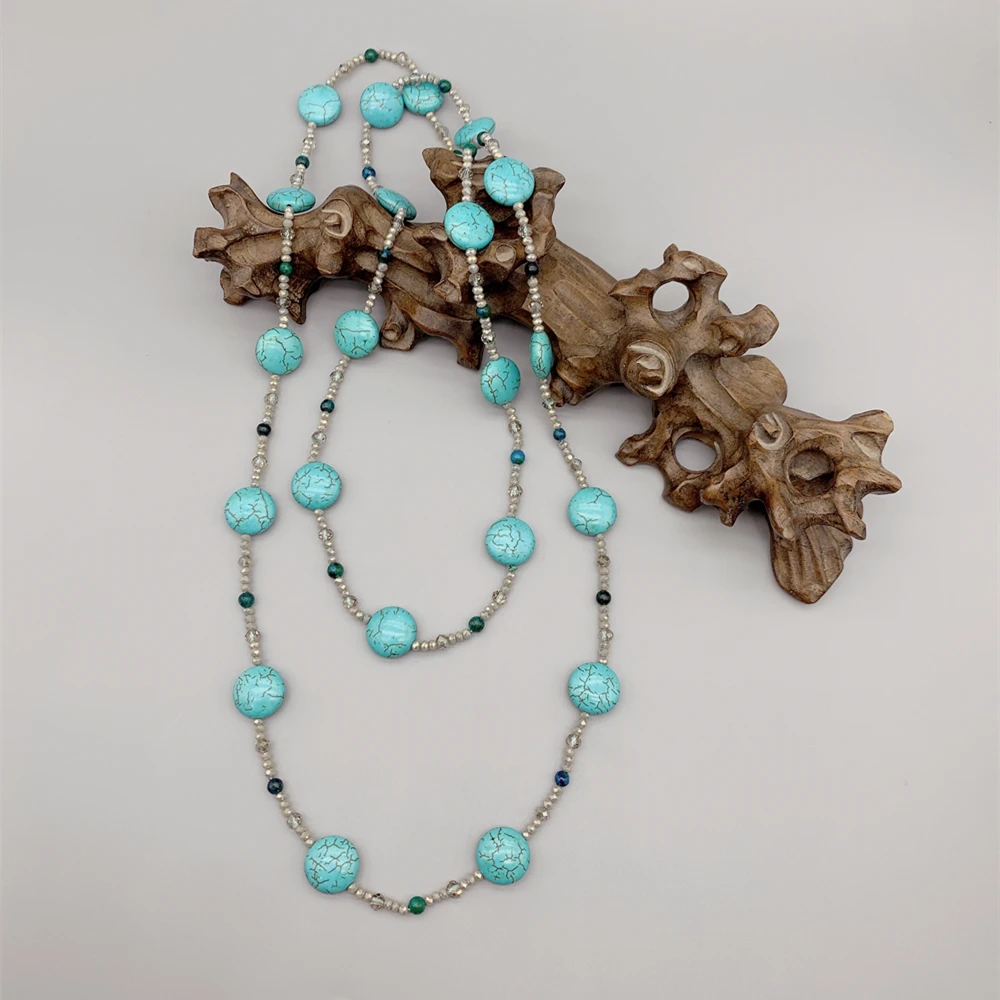 

FoLisaUnique Coin Shape Turquoise Necklace For Women Girls 4mm Azurite Gray Crystals Long HandmadeTrendy Jewelry 44 Inch
