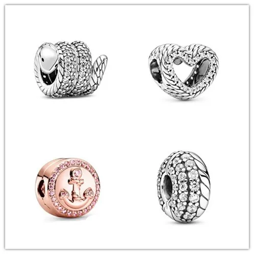 

925 Sterling Silver Baeds Rose Sparkling Pink Anchor Clip Charm Fit pandora Bracelet & Necklace Jewelry