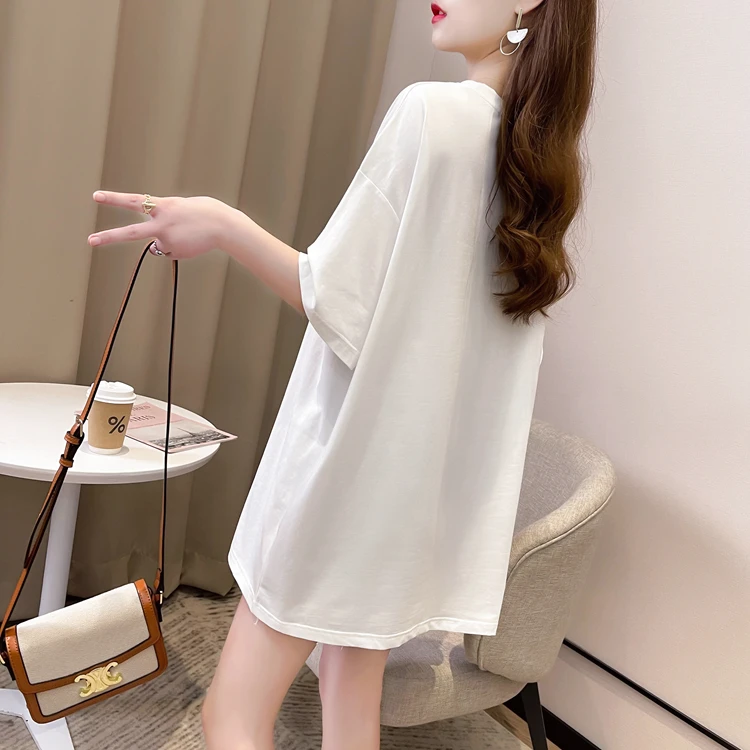 

Houthion Cotton Women's T-shirt Diamond Loose Short Sleeve Tshirt Plus Size Top New Korean Fashion Tops Casual O-neck T Shirt