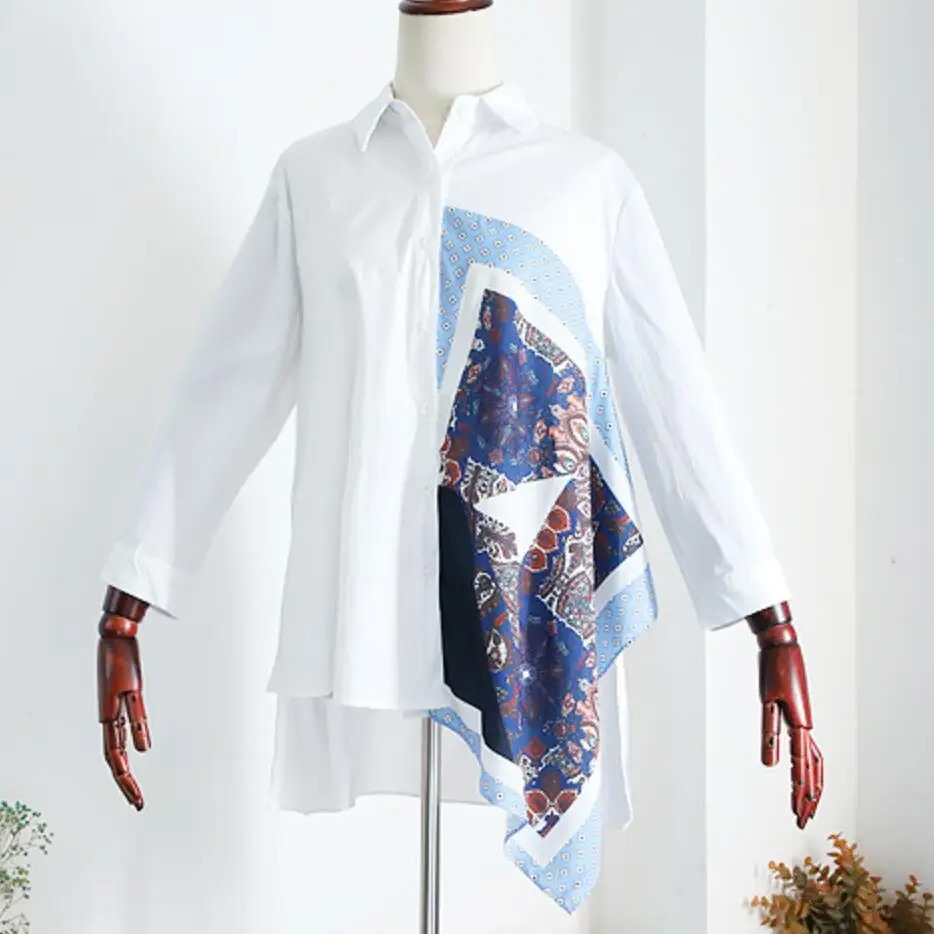Temperament stitching contrast color blouse women square collar retro printing loose casual shirt | Женская одежда
