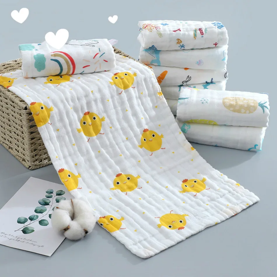 5pcs Baby 6-layer Pure Cotton Printed Long Square Towel Combed Cotton Long Gauze Towel Newborn Feeding Towel Baby Washing Towel