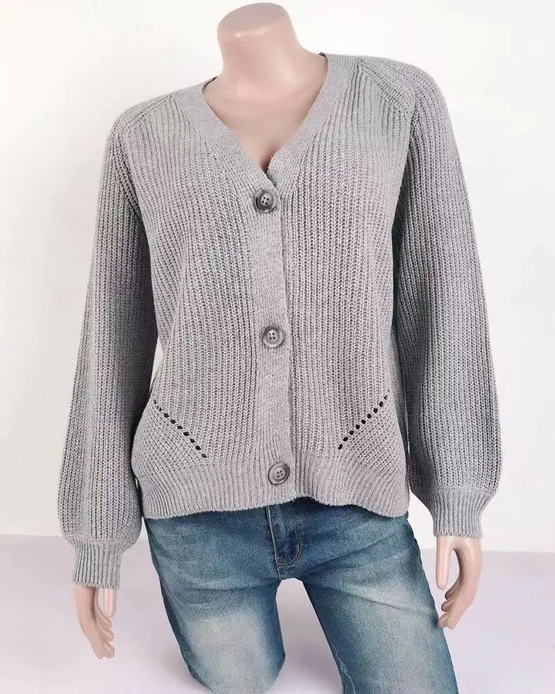 

Sweater Women's Cardigan Solid Color V-neck Lantern Sleeve Button Knitted Sweater Cardigan