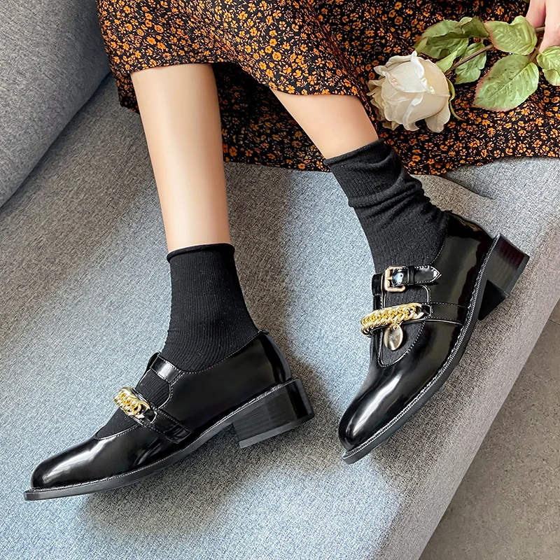 

2021 Square Heels New Women Pumps Spring Female Round Toe Casual Shoes Mary Jane Cow Patent Leather Buckle Metal Size34-40