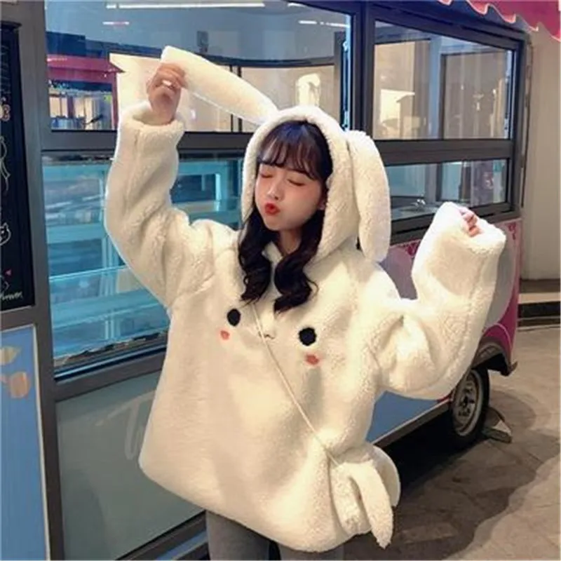 

Bunny Hoody Women Loose Sweatshirt Long Sleeve Sweet Kawaii Warm Lady Casual Sweatshirt Women Pullover Tops Female Sweatshirt