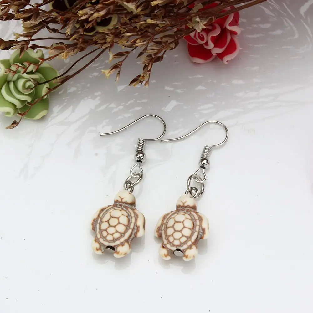 YingWu White Turtle Animal Turquoises Earrings for Women Stone Beads Dangle Earring Silver Tone Hook Jewelry | Украшения и