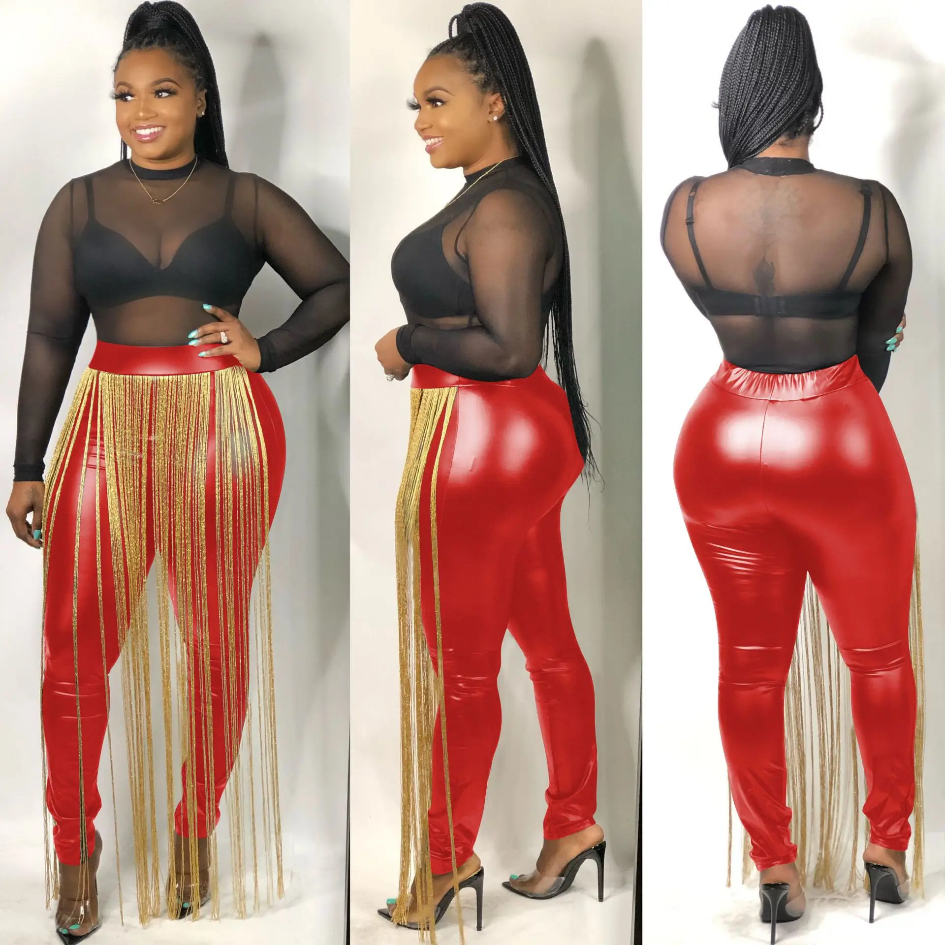 2019 модные кожаные брюки с кисточками женские обтягивающие карандаш высокой