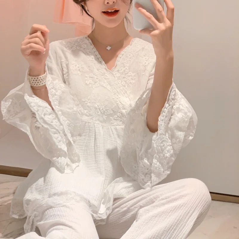 LY весна и осень новая Корейская версия хлопковой марли Женский пижамный комплект