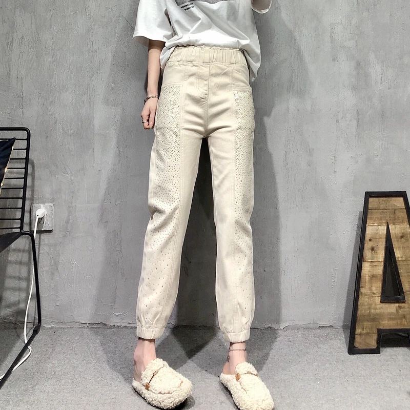 

2021 Women's New Spring Patchwork Rhinestone Elastic High Waist Loose Slimming Ankle-Banded Denim Harem Pants White Jeans