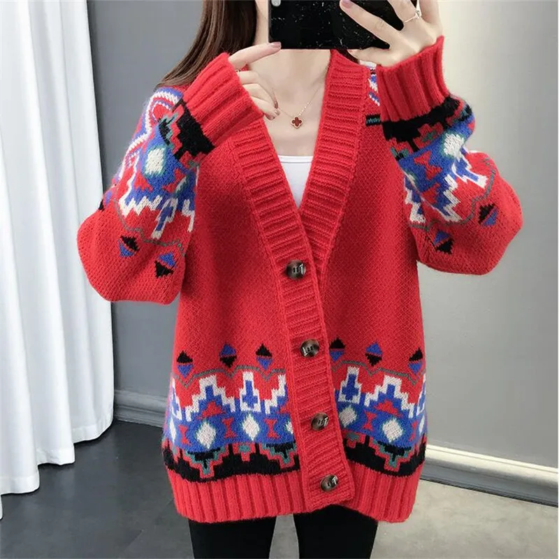 2019 женский свитер снаружи абстрактным узором с длинным рукавом однобортный