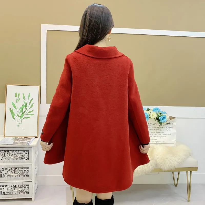 

Vintage Women Autumn New Wool Blends Cloak Coat Double Breasted Loose Casaco Feminino Outerwear Casual Ladies Woolen Jacket