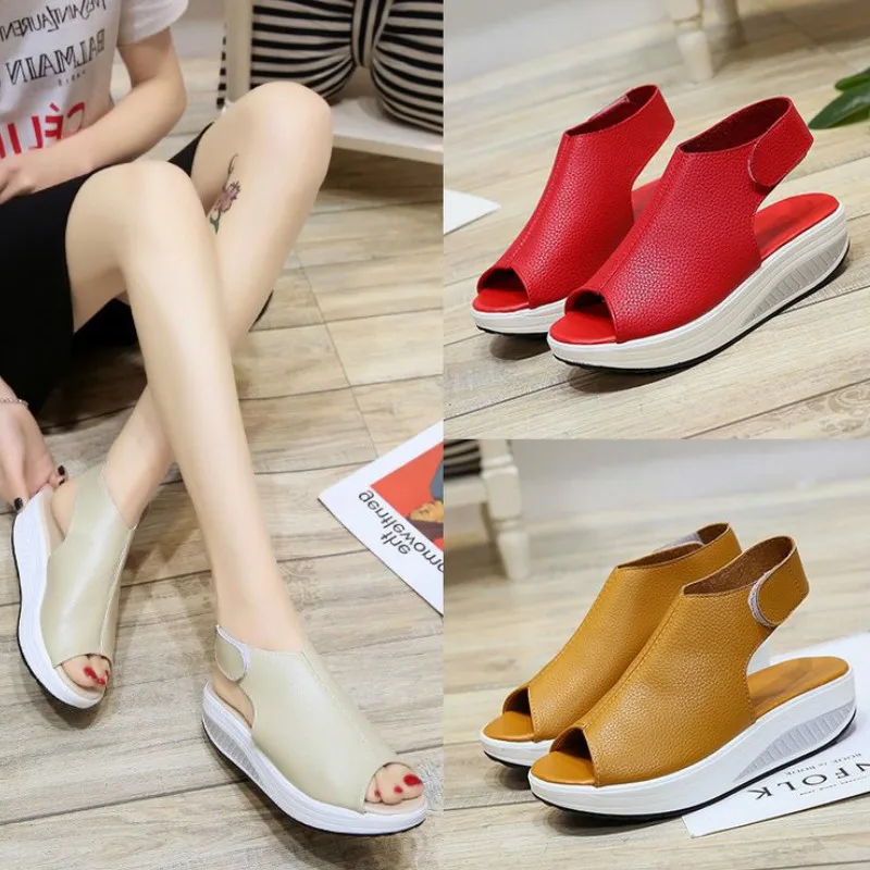 

Summer New Fashion Sandals Casual Fish mouth Thick bottom Hook & Loop Solid Back Strap Wedges Med 3cm-5cm Large size Breathable