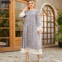 ladies light blue floral skirts plus size womens round neck long sleeve fashion print lace stitching pleated large swing dress