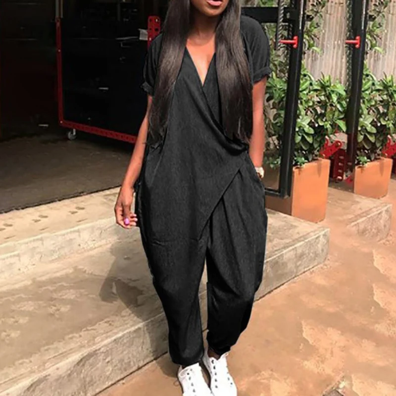 

Summer Rompers Woman Jumpsuits Fashion Solid V Neck Loose Sexy Women Playsuits Casual Women Jumpsuit Overalls Plus Size