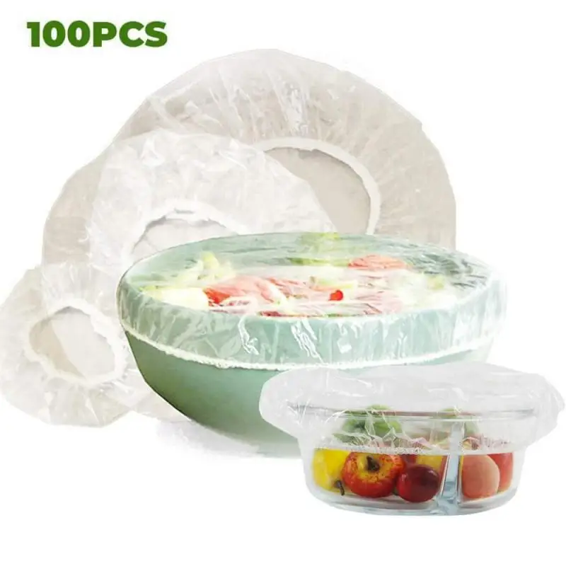 100Pcs Transparent Food Cover Disposable Bowl Covers Plastic Film Thicker Fresh keeping Bag With Elastic Band Kitchen Supplies