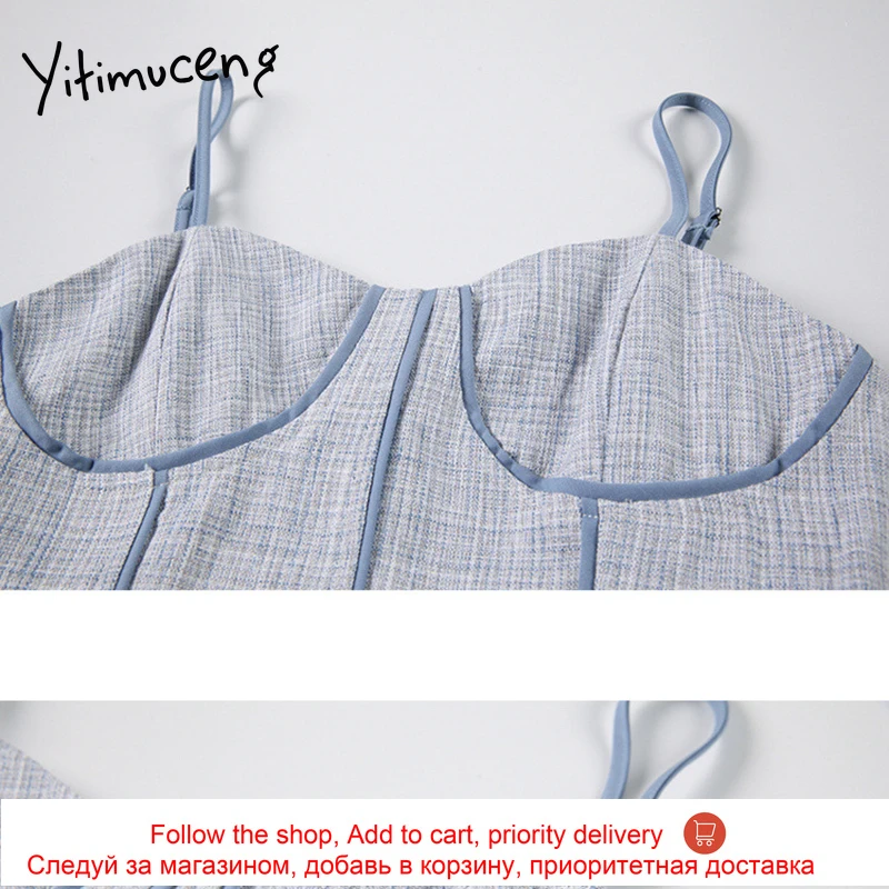 

Yitimuceng Plaid Spaghetti Strap Dresses Women Summer Zipper High Waist A-Line V-Neck Green Blue 2021 Fashion New Mini Sundress