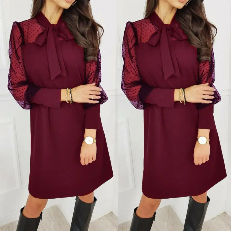 Сексуальное женское прозрачное Сетчатое платье с длинным рукавом в горошек |