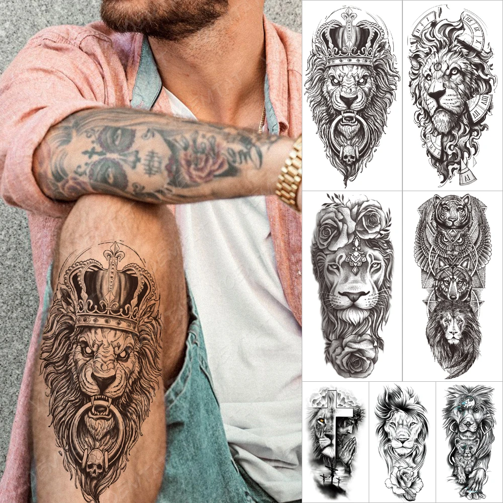 

Waterproof Temporary Tattoo Sticker Skull Lion Crown Tattoos Tiger Wolf Cross Animal Body Art Arm Fake Sleeve Tatoo Women