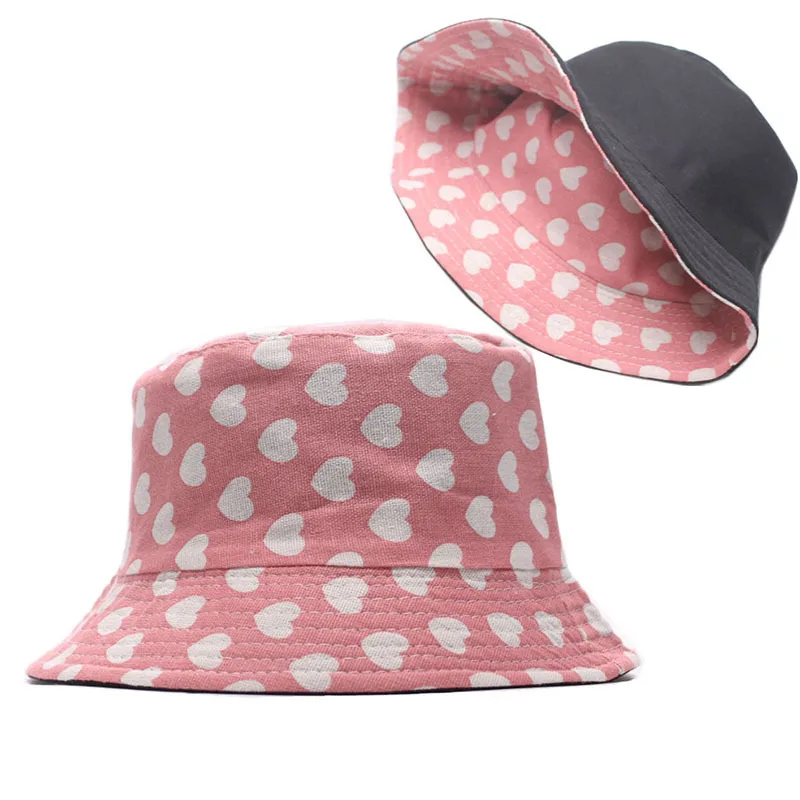 

The New Style Cotton Pink Love Print Bucket Hat Fisherman Hat Outdoor Travel Hat Sun Cap Hats For Men And Women