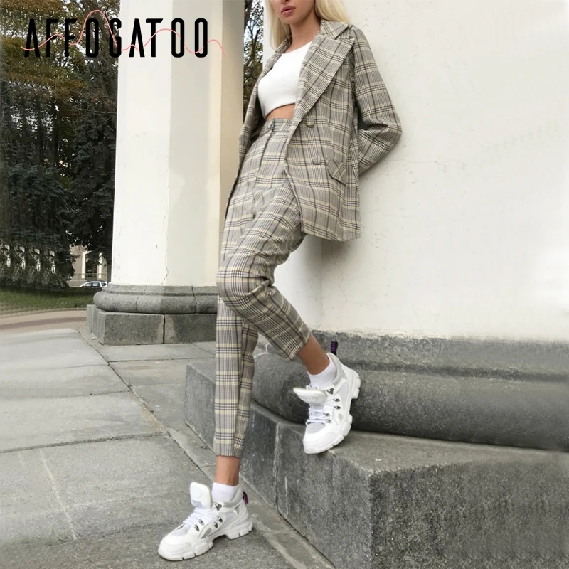 Женский клетчатый костюм afogatoo повседневный комплект из двух предметов