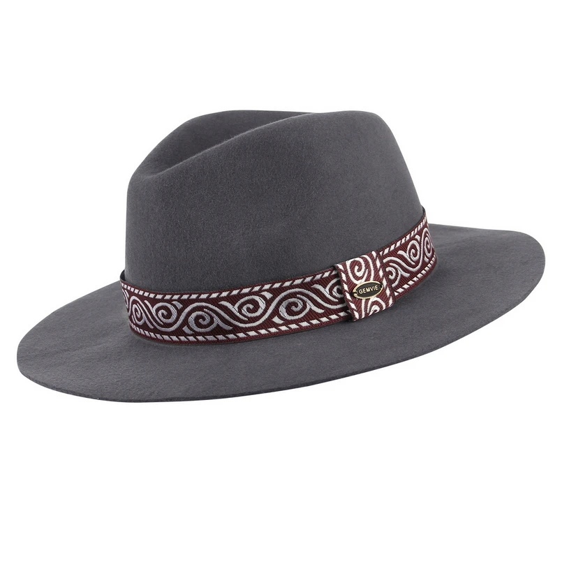 Серый GEMVIE с широкими полями, шерсть, женская шляпа, Fedora, зимняя фетровая шапочка, полосатая, этническая группа, осенняя, джазовая шапка - Цвет: Серый