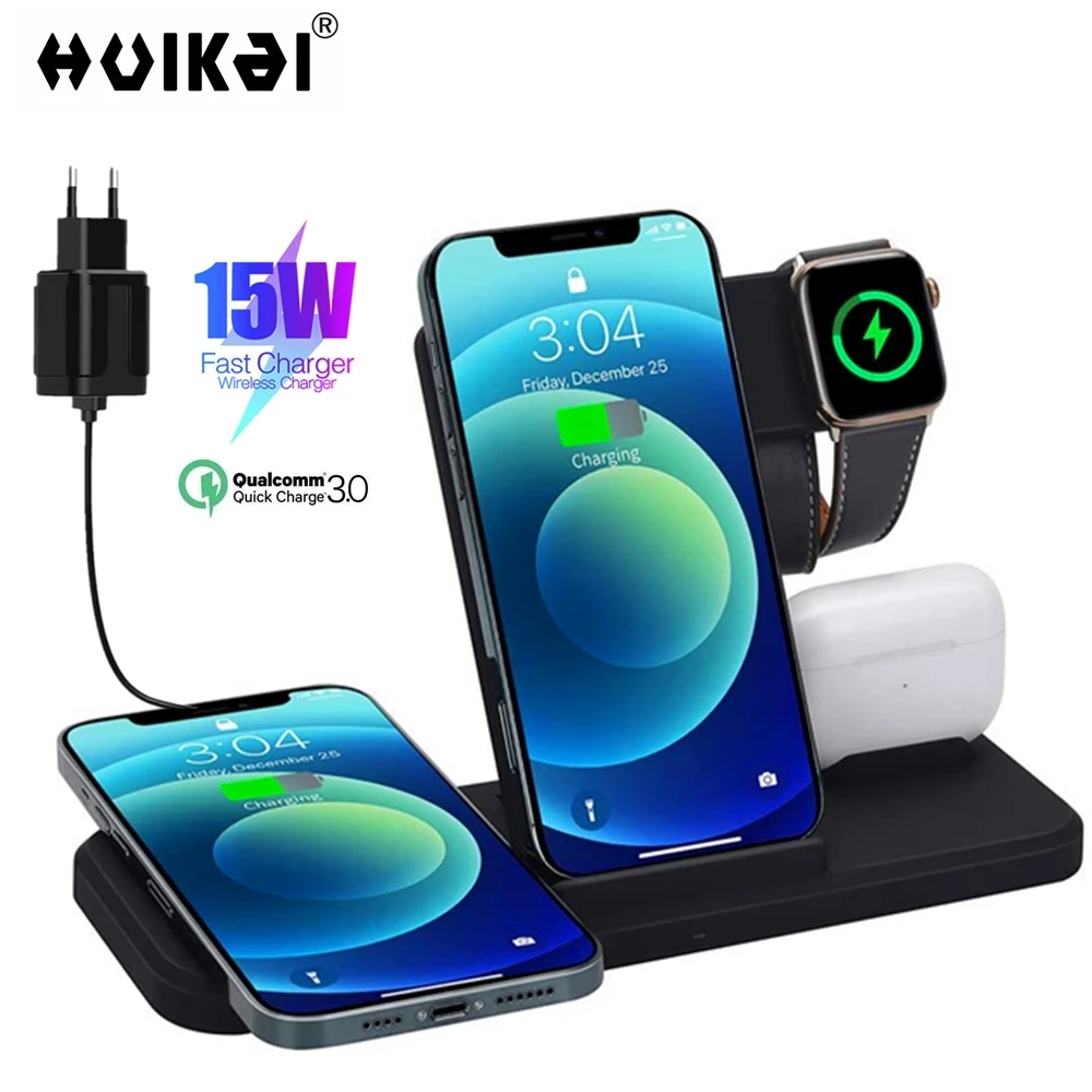 15W Qi Wireless Charger 4 in 1 Fast Charging Station for Apple Watch 6 5 4 3 iPhone 12 Pro 12 11 Pro XS XR Airpods Pro Stand Pad