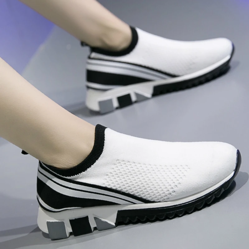 

Women Sneakers Sock Shoes Wedges Height Increasing Air Mesh Solid Thick Sole Platform Vulcanized Ladies Loafers Zapatos De Mujer
