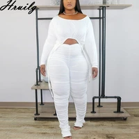 wholesale fashion lounge set long sleeve crop topsruched long pants solid 2 piece set plus size casual womens clothing set