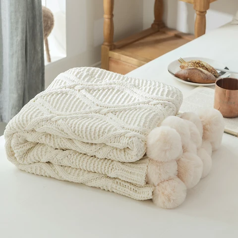 Мягкое одеяло, шикарное вязаное одеяло с шариками, шенилл, вязаное крючком, теплое покрывало, розовое одеяло для кровати, дивана, с помпоном, для манты, декора