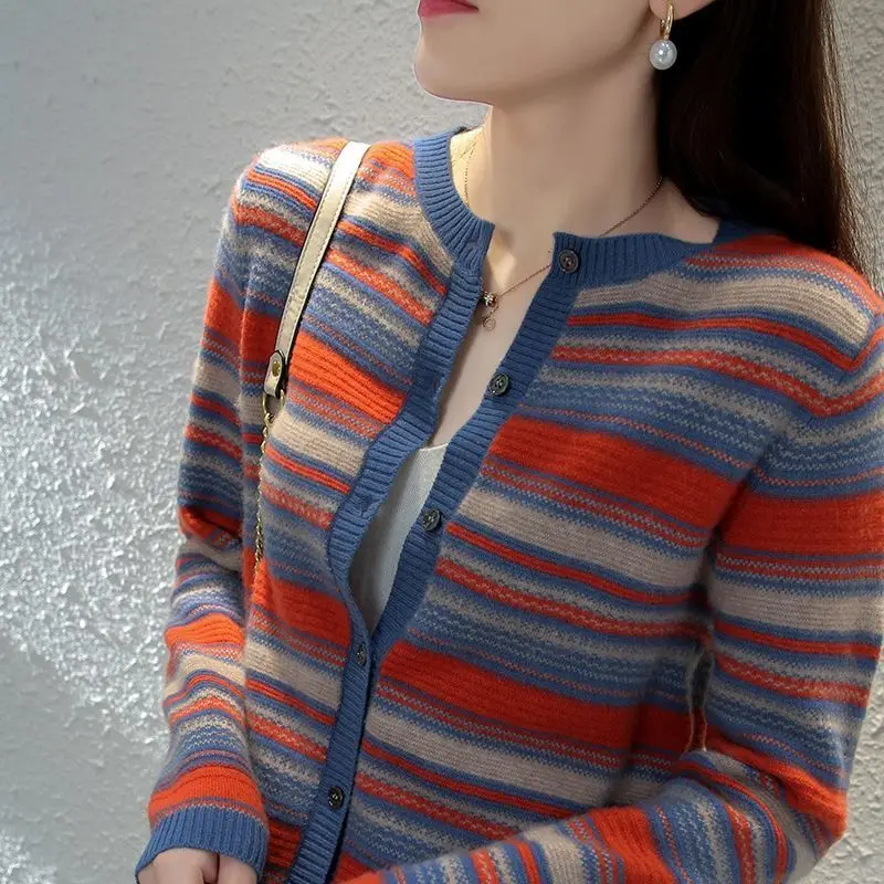 

2020 new knitted cardigan women's round neck striped top loose sweater jacket autumn winter short style with Han banchao
