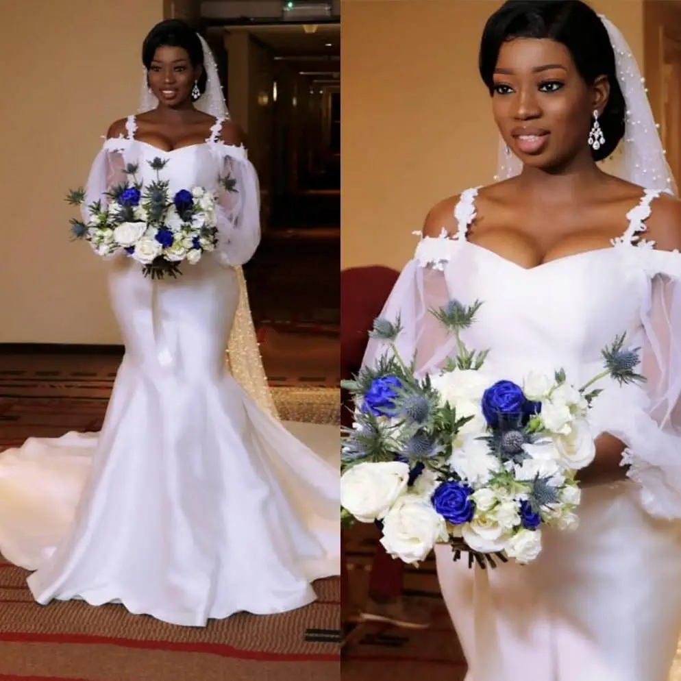 

Vintage African Mermaid Wedding Dresses Tulle Long Sleeve Wedding Dress Sweep Train Spaghetti Bridal Gowns Custom Made